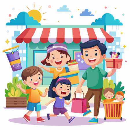 Happy family shopping with colorful bags in front of the store.のイラスト素材