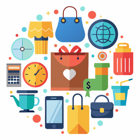 Colorful flat icons of shopping, payment and online communication arranged in a circle.のイラスト素材