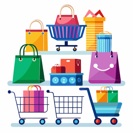 Colorful shopping bags and carts with gifts, isolated on white.のイラスト素材