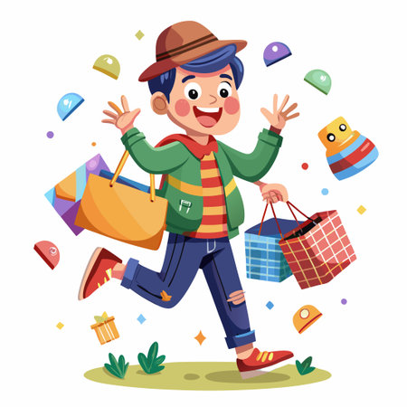 A happy boy runs with shopping bags after a successful shopping spree.のイラスト素材