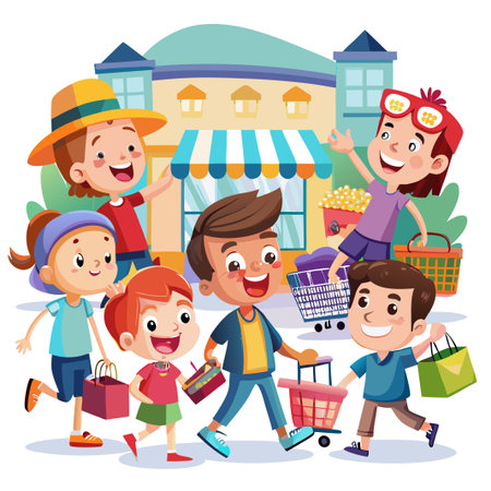 Happy kids shopping at the market together, holding shopping bags, baskets, and food.のイラスト素材