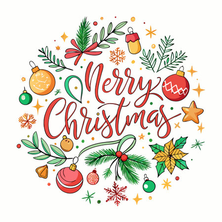Merry Christmas greeting with ornaments and evergreen branches in a circle design.のイラスト素材