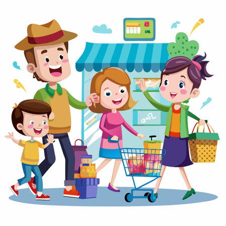 Happy family with shopping cart and basket at grocery store.のイラスト素材