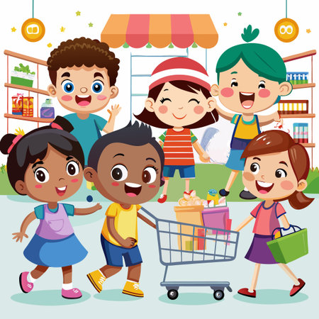 Five happy kids shopping together in a supermarket.のイラスト素材