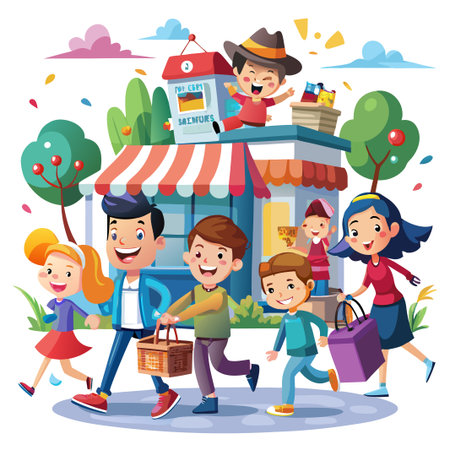 Happy cartoon people walking by a store in a town.のイラスト素材