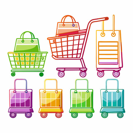 Colorful shopping carts and bags with a white background.のイラスト素材