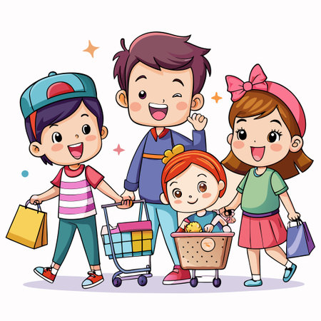 Happy children shopping with shopping carts and bags.のイラスト素材