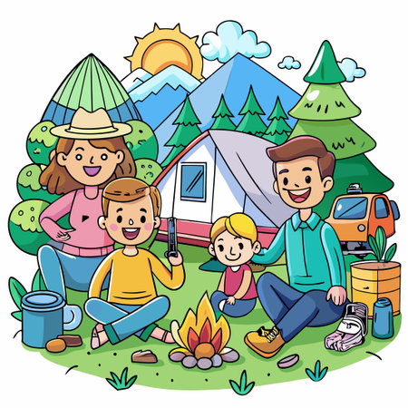 Happy family enjoying camping trip.のイラスト素材