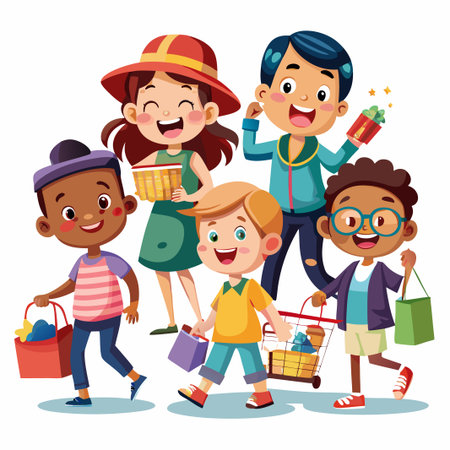 Five happy cartoon children shopping together, carrying bags and shopping cart.のイラスト素材