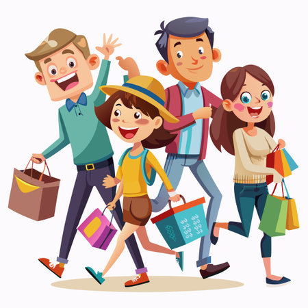 Happy cartoon people shopping with colorful bags.のイラスト素材