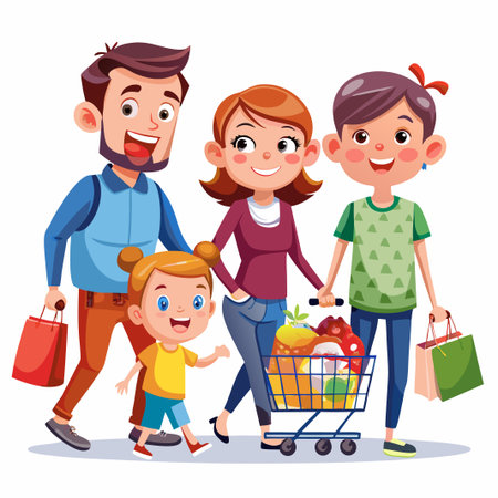 Happy family of four with shopping bags and a full grocery cart.のイラスト素材