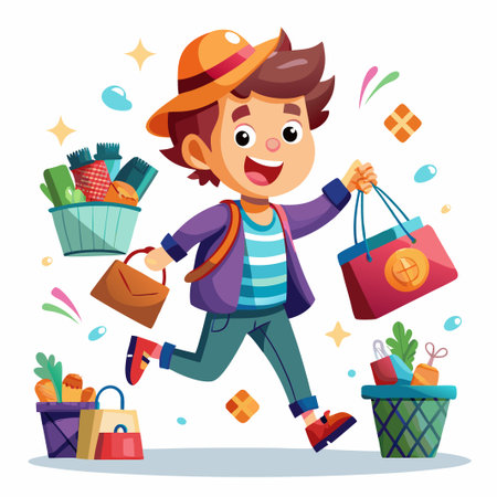 Happy boy with shopping bags, baskets, and gifts.のイラスト素材