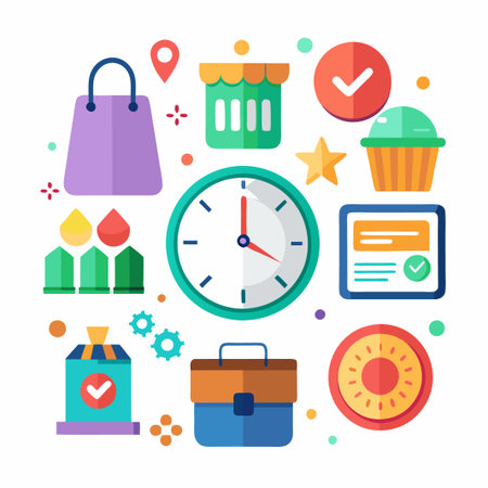 Colorful flat design icons of shopping, business, time, and success.のイラスト素材