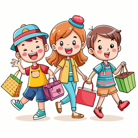 Three happy kids walking with shopping bags.のイラスト素材