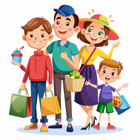 Happy family of four with shopping bags, basket, and a drink.のイラスト素材