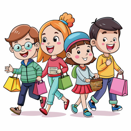 Happy kids walking with shopping bags.のイラスト素材