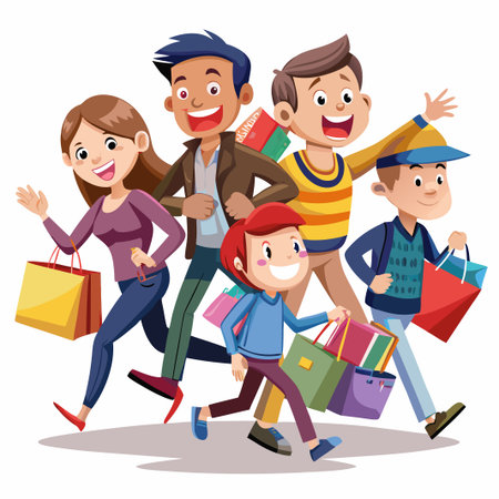 Happy group of shoppers carrying shopping bags and walking together.のイラスト素材