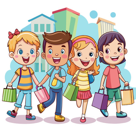 Four happy cartoon kids shopping with colorful bags.のイラスト素材