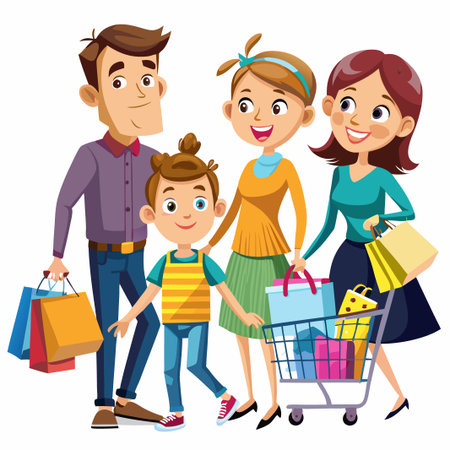 Happy family with shopping bags and a shopping cart full of groceries.のイラスト素材