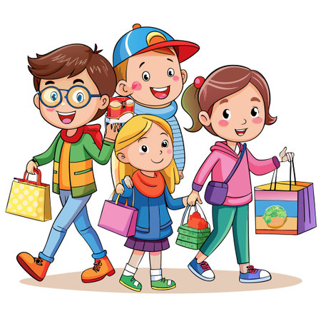 Four happy kids walking and shopping together.のイラスト素材