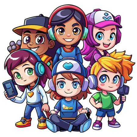 Group of happy cartoon kids with headphones and tech.