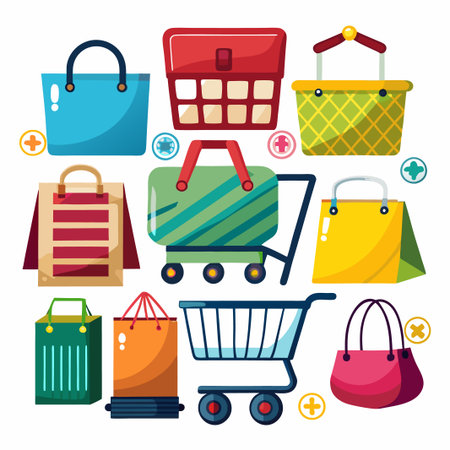 Set of shopping bags and baskets in cartoon style.のイラスト素材