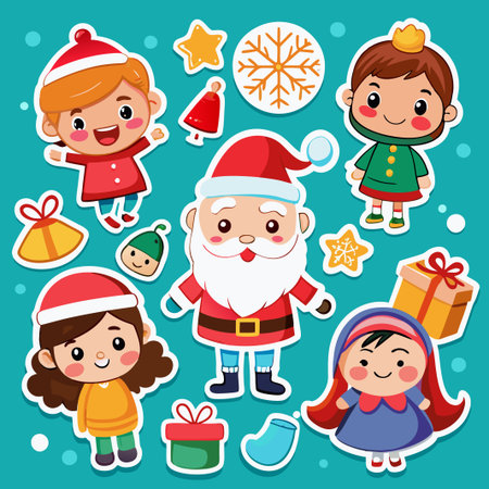 Cute Christmas characters and ornaments on a teal background.のイラスト素材