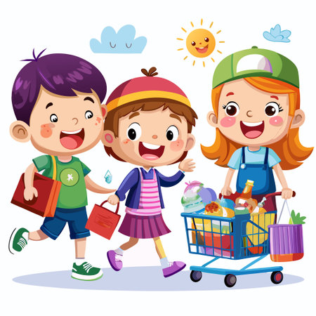 Happy children shopping with a full shopping cart.のイラスト素材