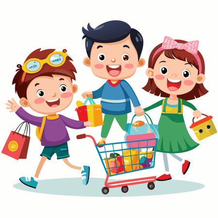 Three happy children shopping with a full shopping cart.のイラスト素材