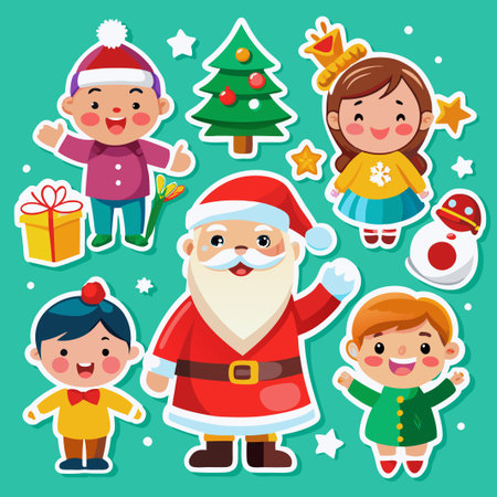 Cute cartoon stickers of Santa Claus, children, Christmas tree, and snowman on a turquoise background.のイラスト素材