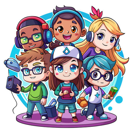 Five cartoon kids with headphones and gadgets standing together.