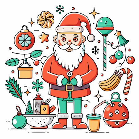 Cheerful Santa surrounded by Christmas decorations.のイラスト素材