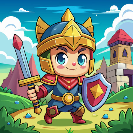 A cute cartoon knight in armor with a sword and shield stands in a grassy field.のイラスト素材