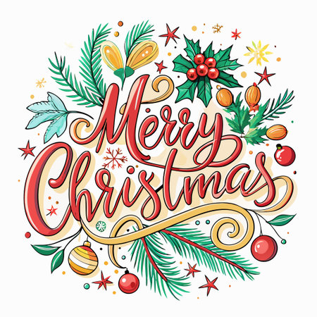 Merry Christmas greeting with festive ornaments.のイラスト素材