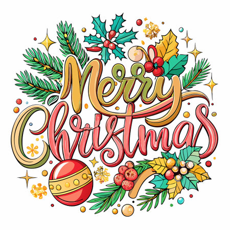 Colorful Christmas greeting with holly, pine, and a bauble.のイラスト素材