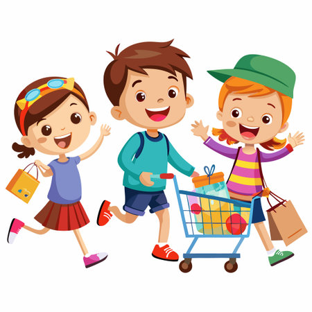 Three happy children shopping together.のイラスト素材