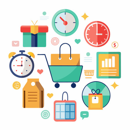 Colorful flat design icons of shopping, time, gifts and money.のイラスト素材