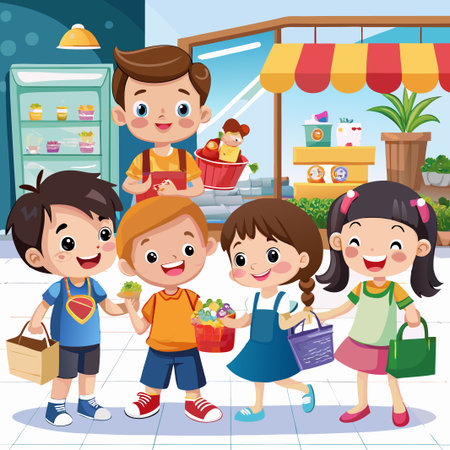 Four children in front of a store with a shop assistant. They are holding shopping bags and smiling.のイラスト素材