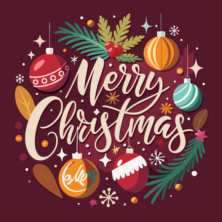 Merry Christmas greeting with ornaments, snowflakes, and pine branches on a maroon background.のイラスト素材