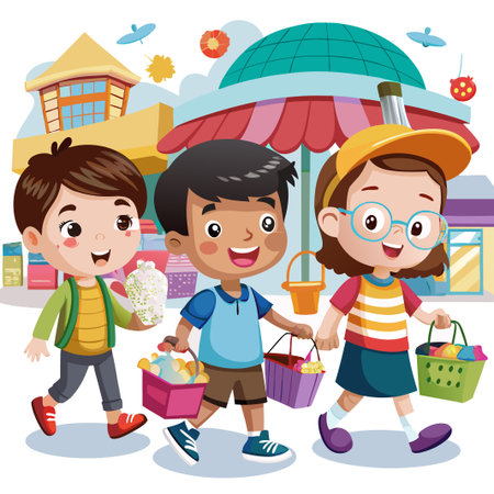 Three happy kids walking with shopping baskets in their hands.のイラスト素材