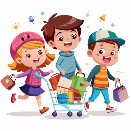 Happy kids shopping with full shopping cart.のイラスト素材
