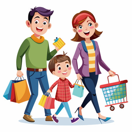 Happy family with shopping bags and a cart.のイラスト素材