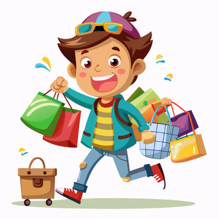 Happy boy running with shopping bags.のイラスト素材