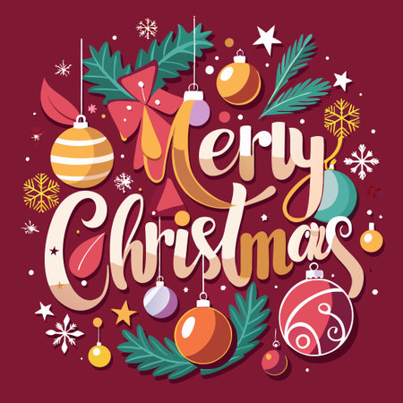Merry Christmas festive greeting with ornaments and snowflakes.のイラスト素材