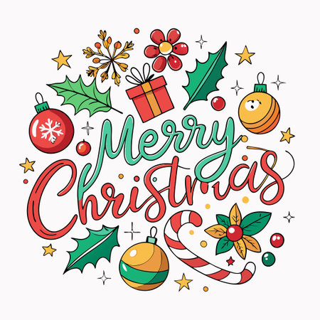Merry Christmas greeting card with festive ornaments.のイラスト素材
