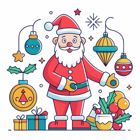 Santa Claus holding a Christmas ornament with ornaments, gifts, and holly surrounding him.のイラスト素材