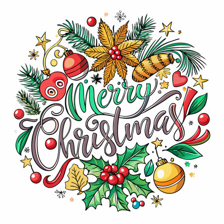 Colorful Christmas wreath with ornaments, holly and lettering.のイラスト素材