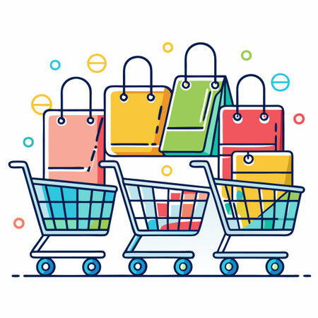Three shopping carts filled with colorful shopping bags, cartoon style.のイラスト素材