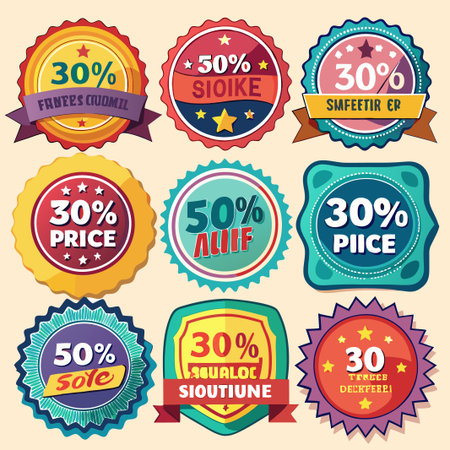 Set of Nine Colorful Retro Sale Badges with 30% and 50% Discount.のイラスト素材