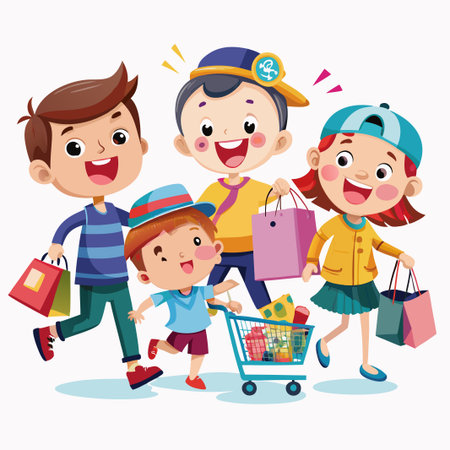 Four happy kids shopping together, carrying shopping bags and pushing a shopping cart full of groceries.のイラスト素材